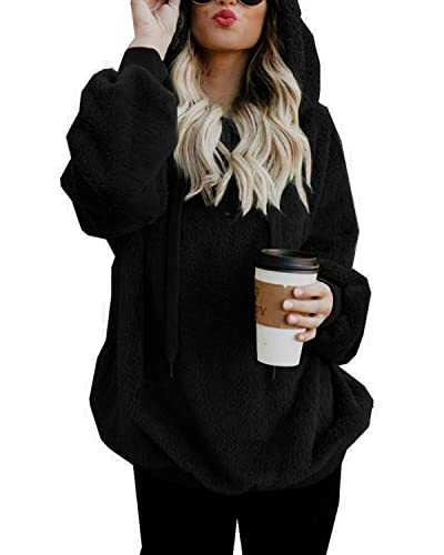 damen teddy hoodie kapuzenpullover fleece sweatshirt oversize langarm winterpullover mit tasche