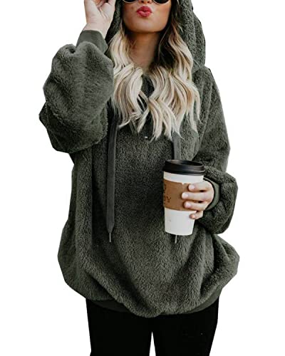 damen hoodie teddy fleece pullover oversize langarm sweatshirt mit tasche grün xl