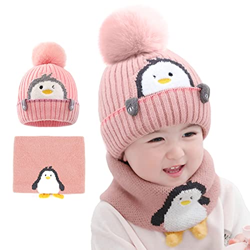 auvstar kinder mütze schal set für winter 1-3 jahre, beanie mit bommel warm gefüttert