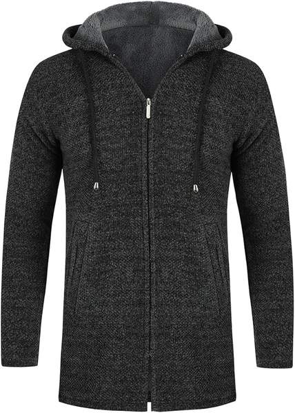 fleece gefütterte strickjacke herren von youthup, langer strickpullover dicker mantel grau, s