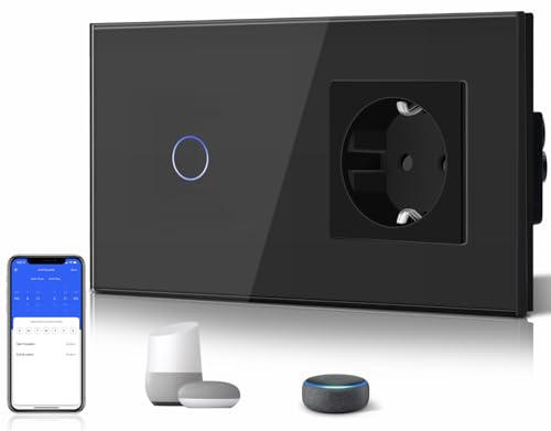 BSEED wlan lichtschalter mit neutralleiter, 1-fach wifi schalter schwarz, kompatibel mit alexa, google home