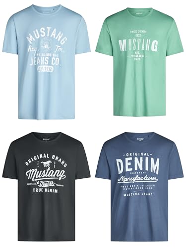 MUSTANG Herren T-Shirt Baumwolle Rundhals Kurzarm 4er Pack Schwarz Weiß Grau Blau
