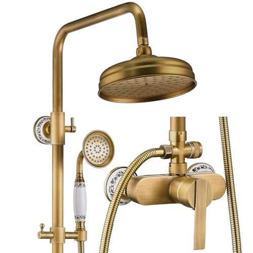 brass antique rain shower system, wandmontage mit 20 cm duschkopf und handdusche