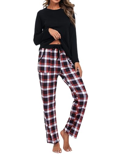 uniexcosm damen schlafanzug baumwolle pyjama set lang raglanärmel karierte hose schwarz M