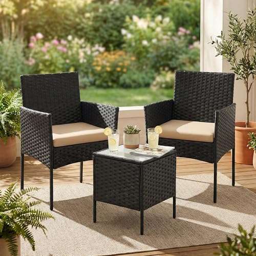 SONGMICS Polyrattan Gartenmöbel-Set Schwarz-Taupe | Tisch & 2 Stühle mit Kissen