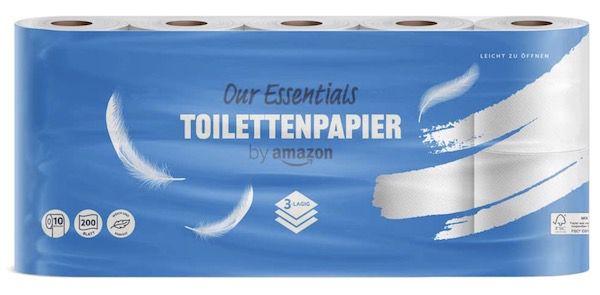 toilettenpapier 3-lagig 10er pack our essentials by amazon 200 blatt 3,15