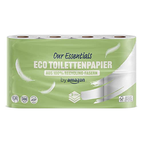 by Amazon ECO toilettenpapier 3-lagig 100% recycelt 8 rollen 200 blätter pro rolle FSC zertifiziert