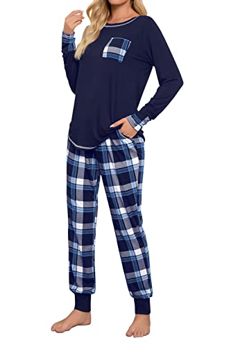 fuakesor damen schlafanzug lang pyjama set soft loungewear mit karierter hose blau small