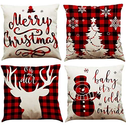 weihnachtskissenbezüge 4er set, rot, 45 x 45 cm, baumwolle-leinwand, weihnachtsdekoration
