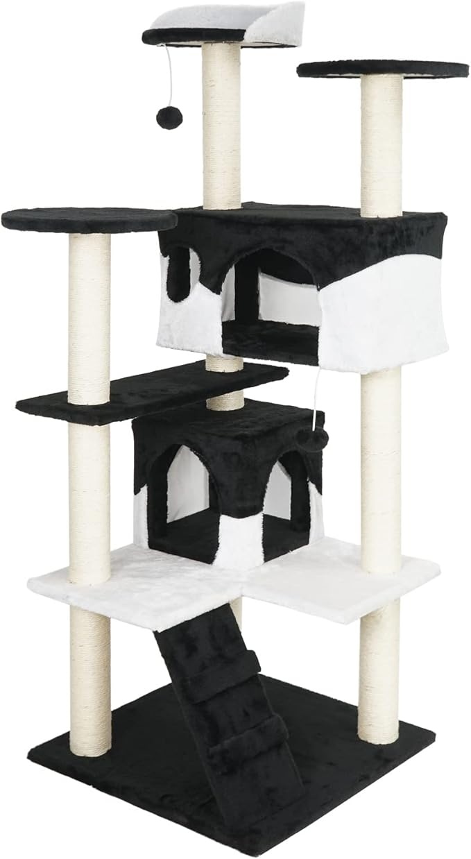 katzenkratzbaum wiltec 130cm schwarz-weiß braun-beige 2 häuser 3 plattformen 21,44