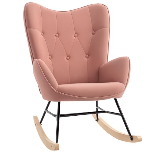 HOMCOM schaukelstuhl rosa gepolstert mit stahlrahmen und gummiholz 65 x 70 x 96 cm