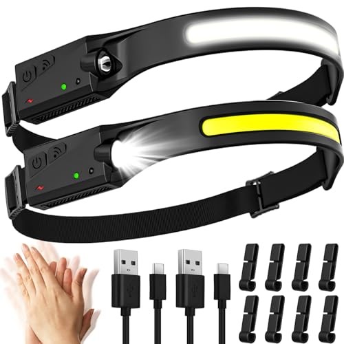 2 Stück LED Stirnlampen 2000 Lumen, wiederaufladbar, 5 Lichtmodi, IPX4, leicht