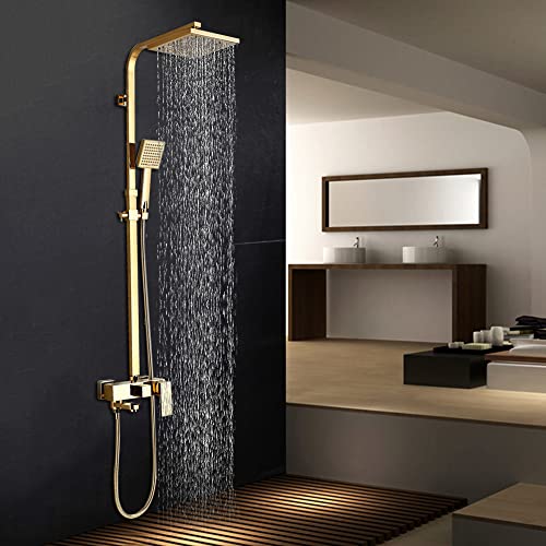 Duschsäulen-Brausegarnitur Gold mit Messing-Regenduschkopf 20 x 20 cm und verstellbarem Stab