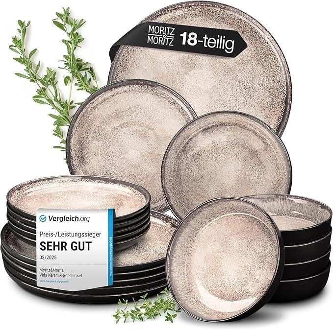 geschirrset moritz & moritz VIDA 18 tlg für 6 personen, anthrazit, beige, blau, vintage