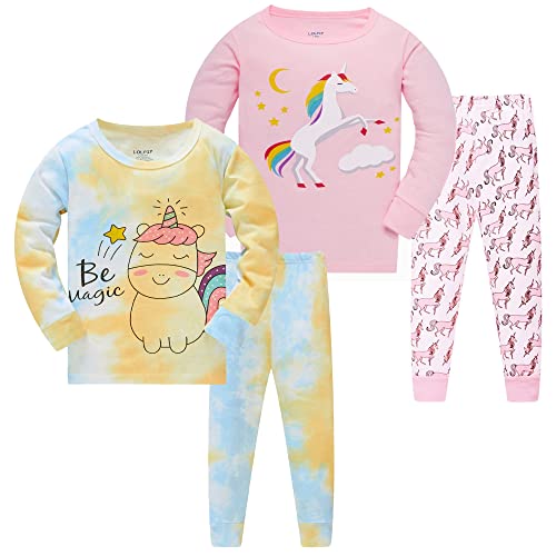 LOLPIP Mädchen schlafanzug einhorn pyjamas kinder 100% baumwolle langarm 4 jahre 4tlg.