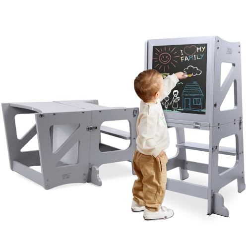 yoleo lernturm 2in1 kinder tritthocker klappbar mit magnetischer tafel grau