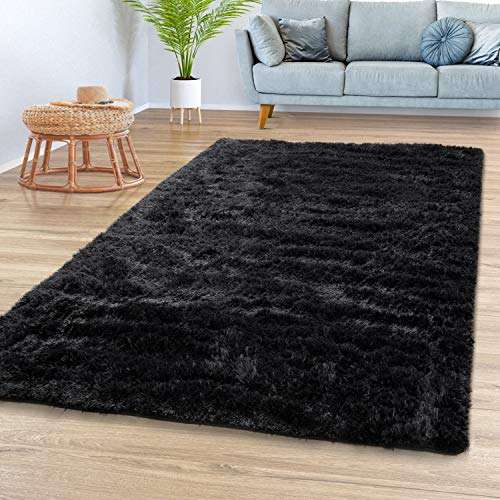 hochflor teppich schwarz 160x220 cm weich modern einfarbig fürs Wohnzimmer