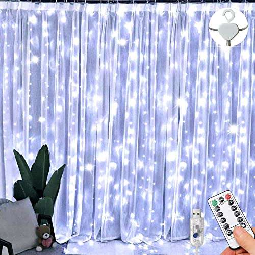 lichtervorhang 3m x 3m 300 leds kaltweiß 8 modi fernbedienung timer für schlafzimmer garten party hochzeit weihnachten