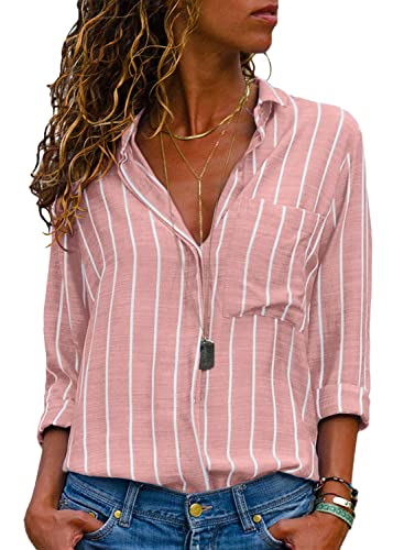 livonmone damen bluse langarm casual gestreift v-ausschnitt chiffon tops rosa, s