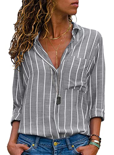 livonmone bluse damen langarm chiffon streifen v-ausschnitt locker elegant grau, s