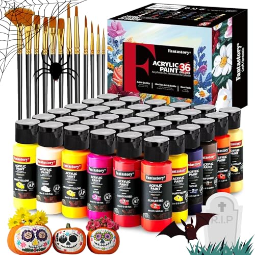 Produktbild: fantastory acrylfarben set 36 x 60 ml, 12 pinsel, wasserfest, ungiftig für canvas, holz, keramik