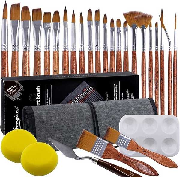 Pinselset 29 Stück für Acryl- und Aquarellmalerei, inklusive Detailpinsel, Palette, Schwämme