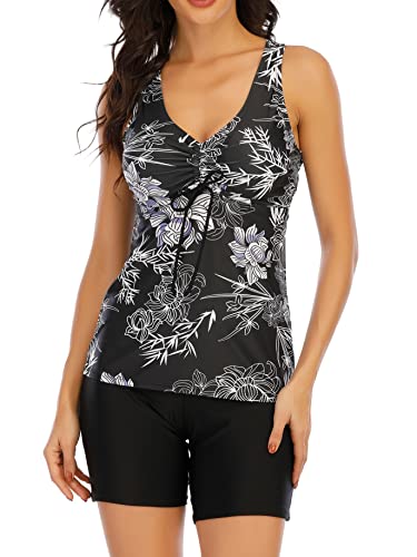 Imuedaen Tankini Damen Tummy Control Top mit Shorts, gestreift, gepolstert, B Schwarz, L, Bademode für Strand