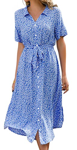 Sommerkleid Damen Kurzarm V-Ausschnitt Blumendruck Midi mit Gürtel