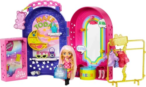 barbie extra minis, extra mini puppe und boutique spielset mit kleiderschrank