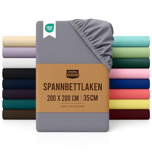 spannbettlaken 200x200cm grau, utopia bedding, öko-tex polyester-mikrofaser, 35 cm tiefe Tasche