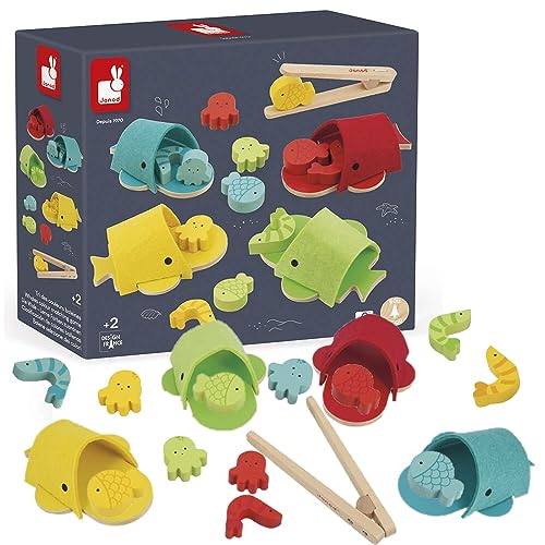 sortierspiel walfisch von janod, holzspielzeug für feinmotorik, 17-teilig, ab 2 jahren