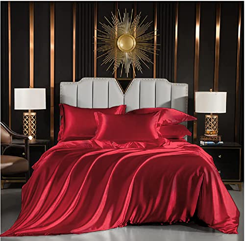 luofanfei rote bettwäsche 155x220 cm satin seidig einfarbig mit kissenbezügen 80x80 cm