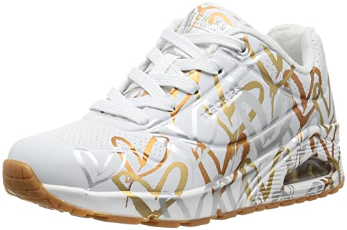 Skechers Damen UNO Metallic Love Sneaker, Weiß, Mehrfarbig, Herzprint, 38.5 EU