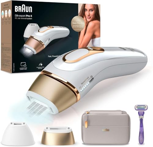 braun IPL silk expert pro 5 haarentfernungsgerät, haarentfernung für damen/herren, 2 aufsätze, weiß/gold