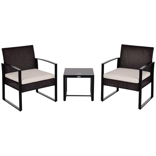 Produktbild: outsunny rattan gartenmöbel set 3 tlg balkonmöbel mit kissen braun creme