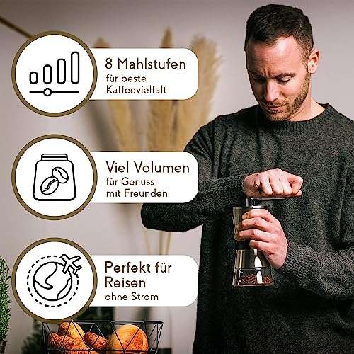 odws manuelle kaffeemühle mit keramik- und kegelmahlwerk, 8 mahlgrade, 2 glasbehälter