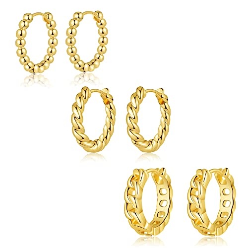 Produktbild: 3 Paare Kleine Huggie Creolen Silber Gold Ohrringe 8/10mm für Mehrere Piercings