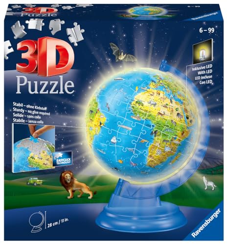 Ravensburger 3D Puzzle Kinderglobus mit Licht, 180 Teile, für Kinder ab 6 Jahren, deutscher Sprachversion