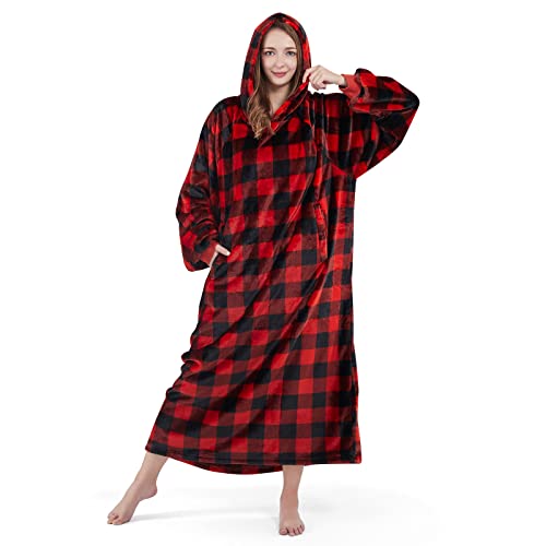 lifewit tragbare hoodie decke mit ärmeln und taschen, flanell sweatshirt rot kariert