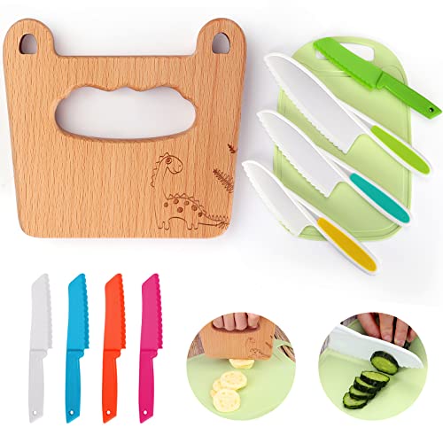 kindermesser set 10-teilig zum schneiden von obst und gemüse für kinder ab 2 jahre mit holzmesser und schneidebrett dinosaurier