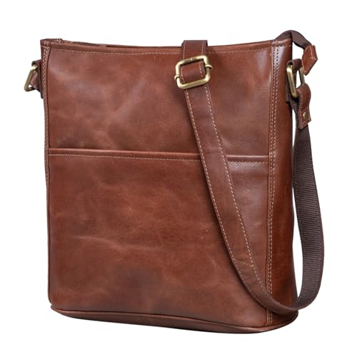 leabags leder umhängetasche damen, echtleder schultertasche, vintage cognac, 31x23x6 cm