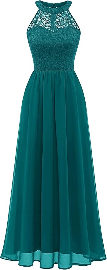 Produktbild: Damen Chiffon Brautjungfernkleid Lang Abendkleid Neckholder Peacock Green M