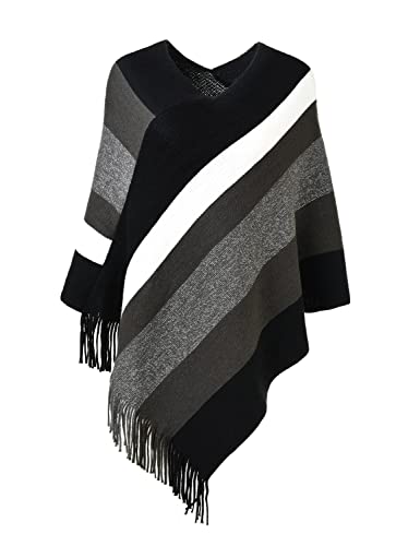 ferand poncho pullover für damen, gestreift, schal mit fransen, schwarz grau, one size