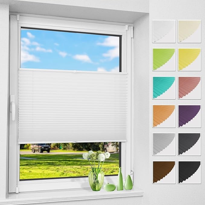 Plissee ohne Bohren 75x140cm Weiß, Faltrollo Klemmfix für Fenster & Tür