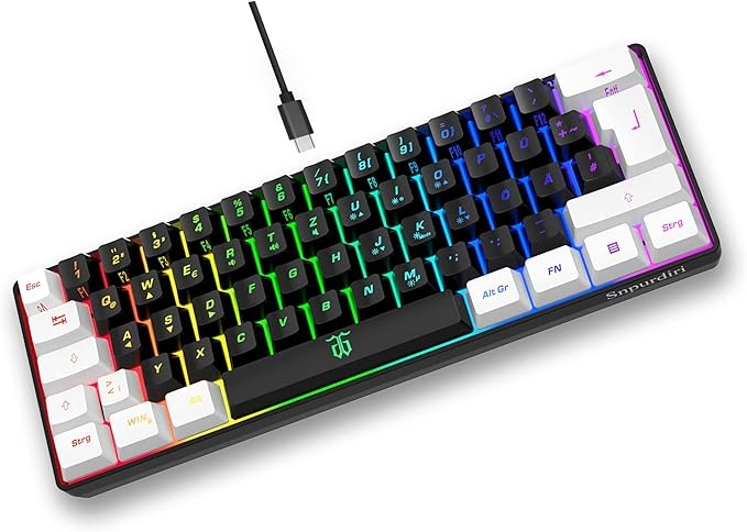 snpurdiri gaming tastatur 60% kabelgebunden rgb tastatur 61 tasten deutsch weiß-schwarz
