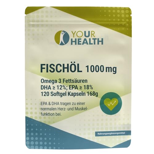 uHealth fischöl 1000 mg, 120 softgelkapseln omega 3 fettsäuren DHA 12%, EPA 18%