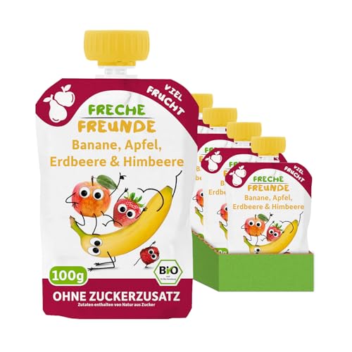 6x freche freunde bio quetschbeutel banane, apfel, erdbeere, himbeere