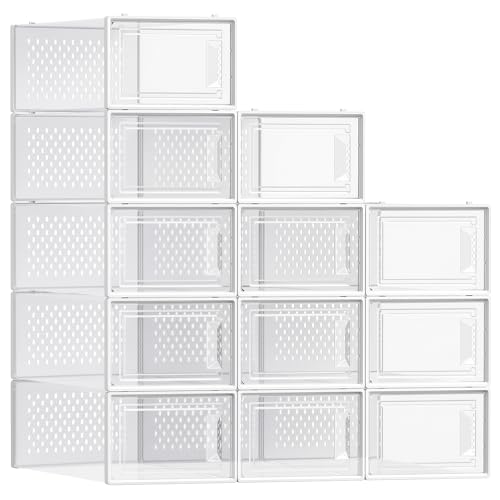 SONGMICS Schuhboxen, faltbar und stapelbar, transparent, 12er Set, bis Größe 43