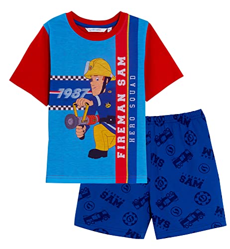 fireman sam pyjama jungen kurz pyjamas t-shirt shorts blau 74-86