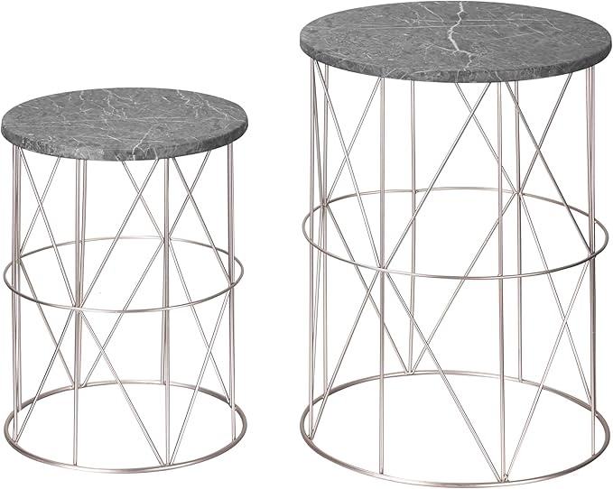 outsunny beistelltisch 2er-set stapelbar marmoroptik metall rund 38x52,5 cm rose gold grau